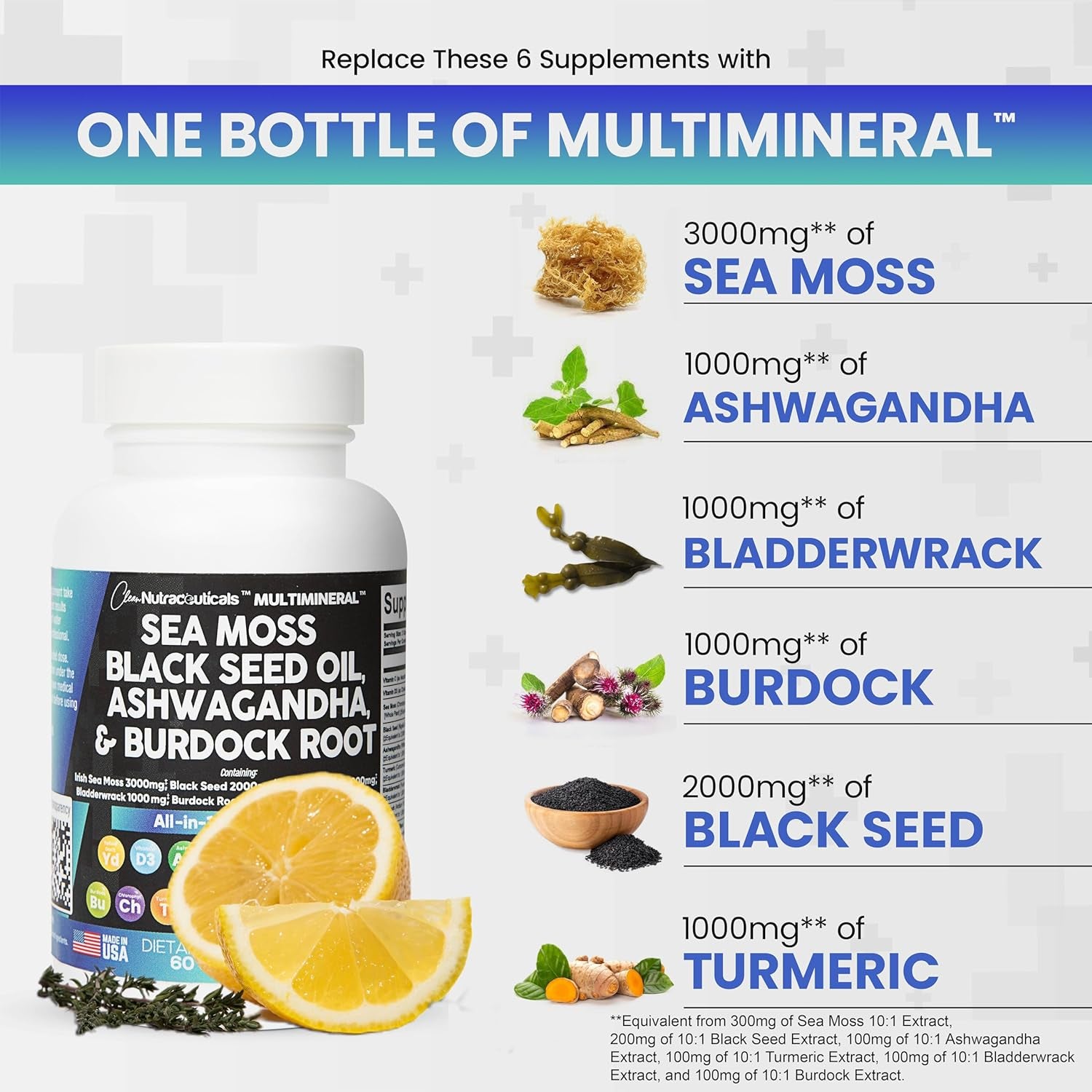 Sea Moss 3000Mg Black Seed Oil 2000Mg Ashwagandha 1000Mg Turmeric 1000Mg Bladderwrack 1000Mg Burdock 1000Mg & Vitamin C & D3 with Elderberry Manuka Dandelion Yellow Dock Iodine Chlorophyll ACV