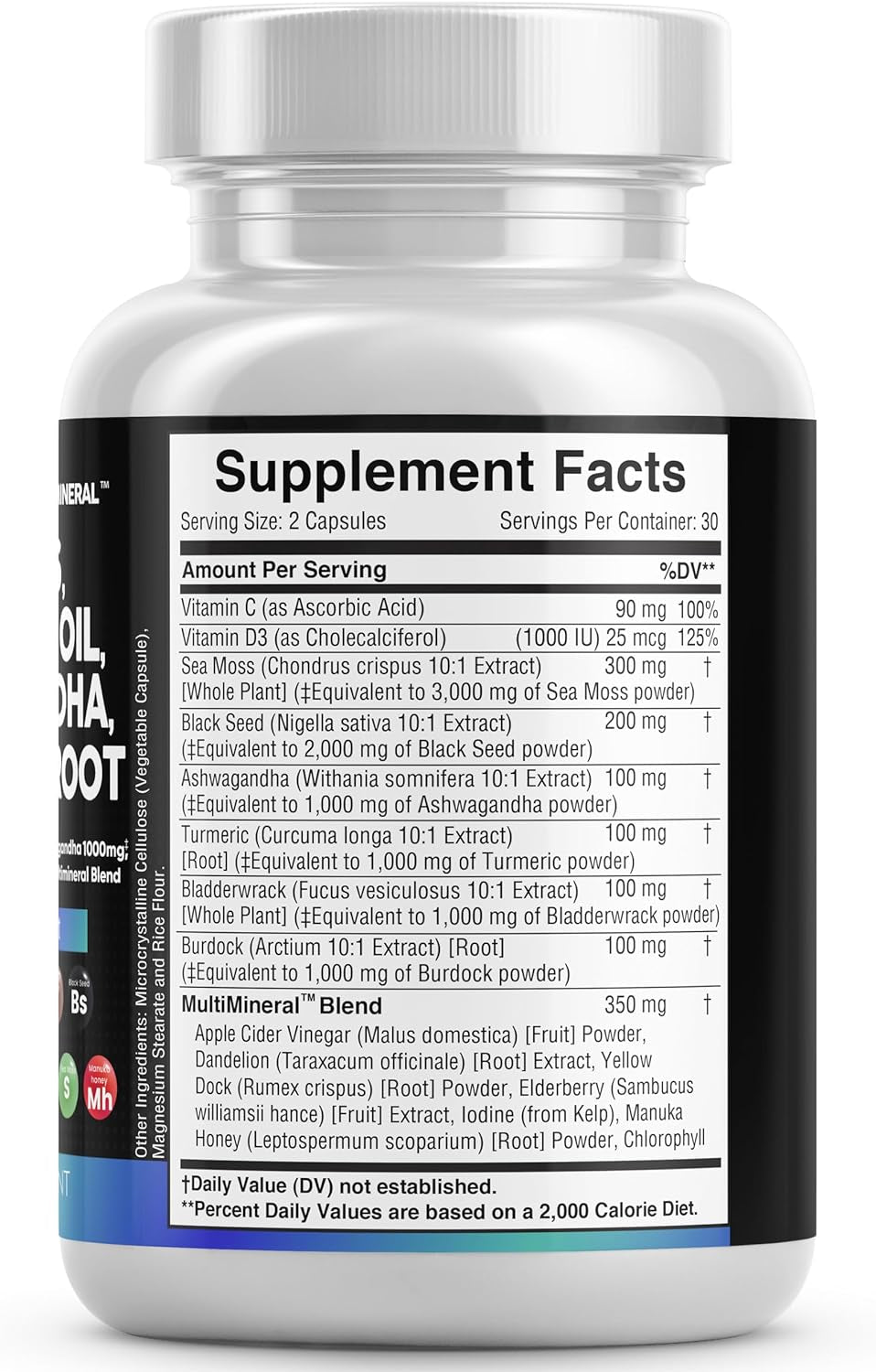 Sea Moss 3000Mg Black Seed Oil 2000Mg Ashwagandha 1000Mg Turmeric 1000Mg Bladderwrack 1000Mg Burdock 1000Mg & Vitamin C & D3 with Elderberry Manuka Dandelion Yellow Dock Iodine Chlorophyll ACV