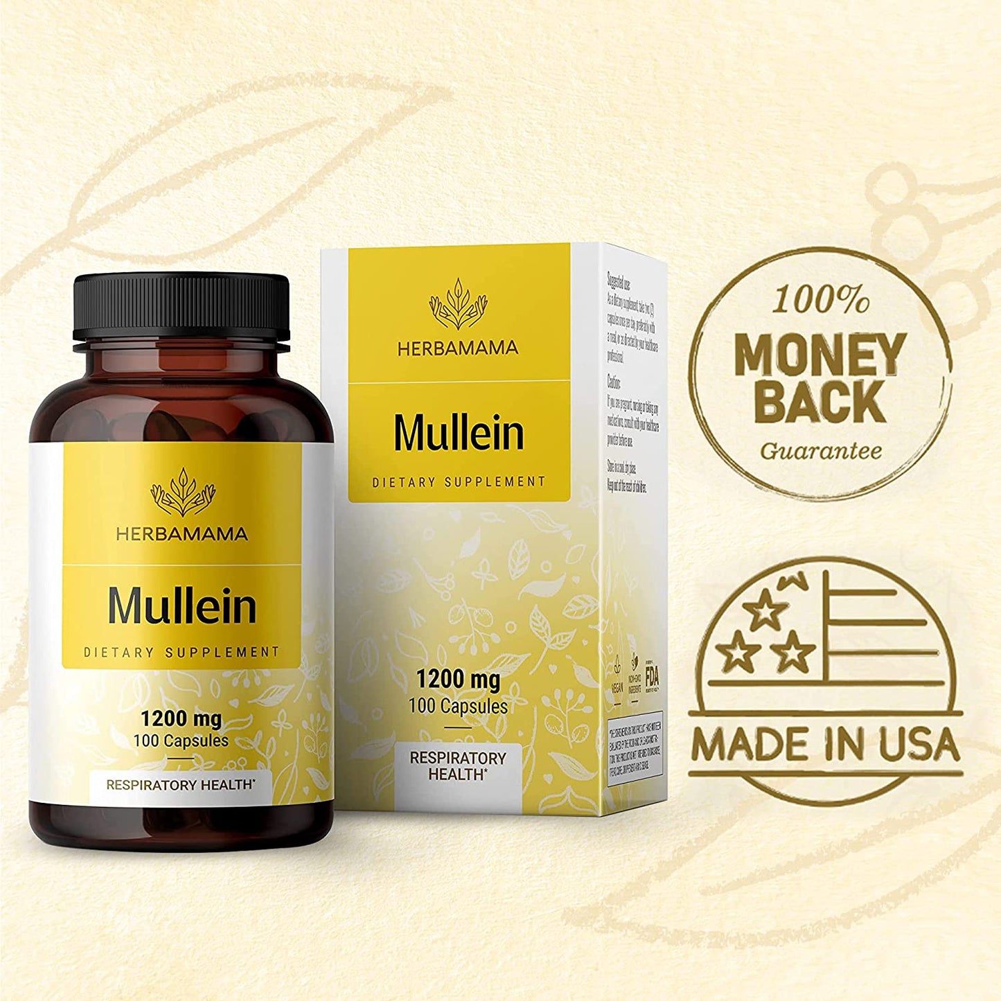 Mullein Leaf Capsules Respiratory Health - Organic Mullein Leaf Extract for Lung Detox, Cleanse - 1200Mg 100 Vegan Caps