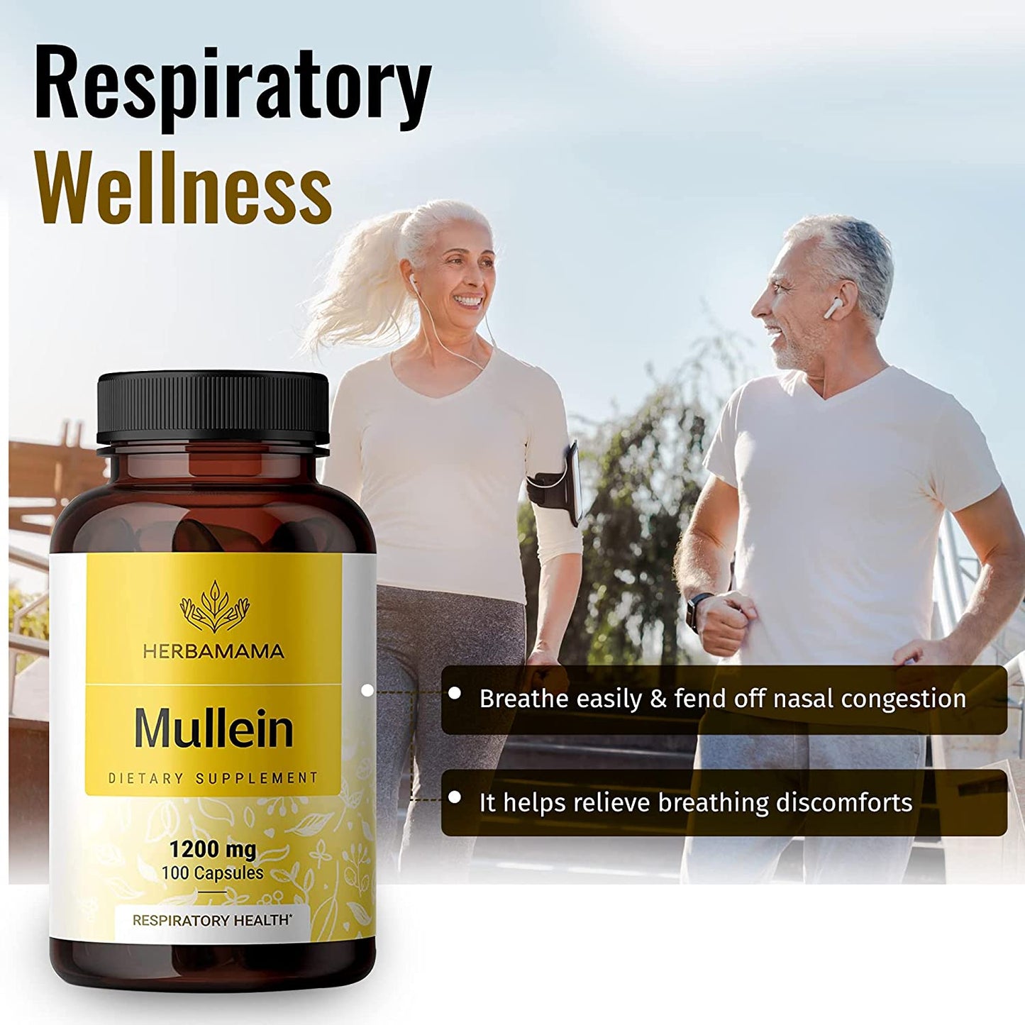 Mullein Leaf Capsules Respiratory Health - Organic Mullein Leaf Extract for Lung Detox, Cleanse - 1200Mg 100 Vegan Caps