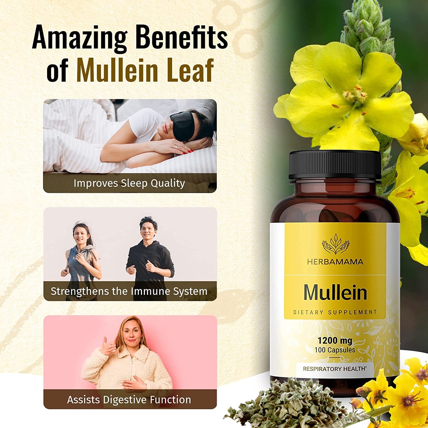 Mullein Leaf Capsules Respiratory Health - Organic Mullein Leaf Extract for Lung Detox, Cleanse - 1200Mg 100 Vegan Caps