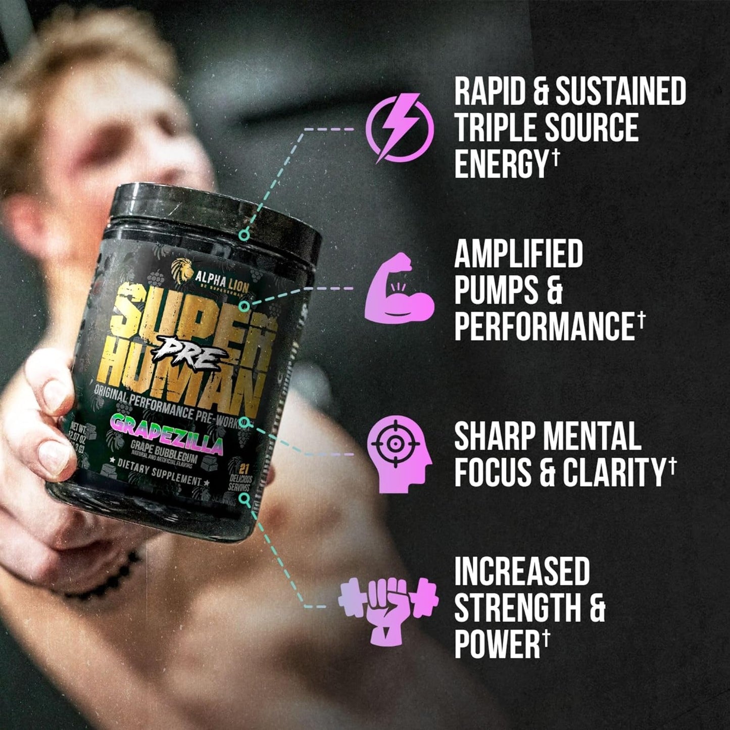 Superhuman Pre Workout Powder, Beta Alanine, L-Taurine & Tri-Source Caffeine for Sustained Energy & Focus, Nitric Oxide & Citrulline for Pump (21 Servings, Grapezilla)