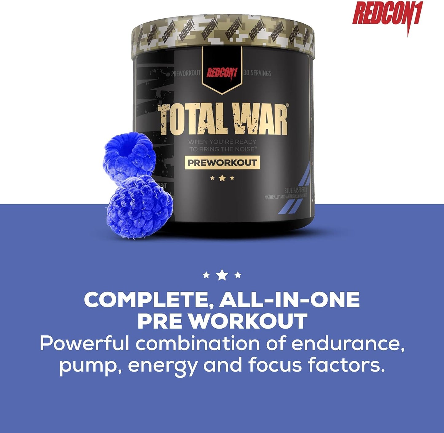 Total War Pre Workout Powder, Blue Raspberry - Beta Alanine + Citrulline Malate Keto Friendly Preworkout for Men & Women with 320Mg of Caffeine - Fast Acting (30 Servings)