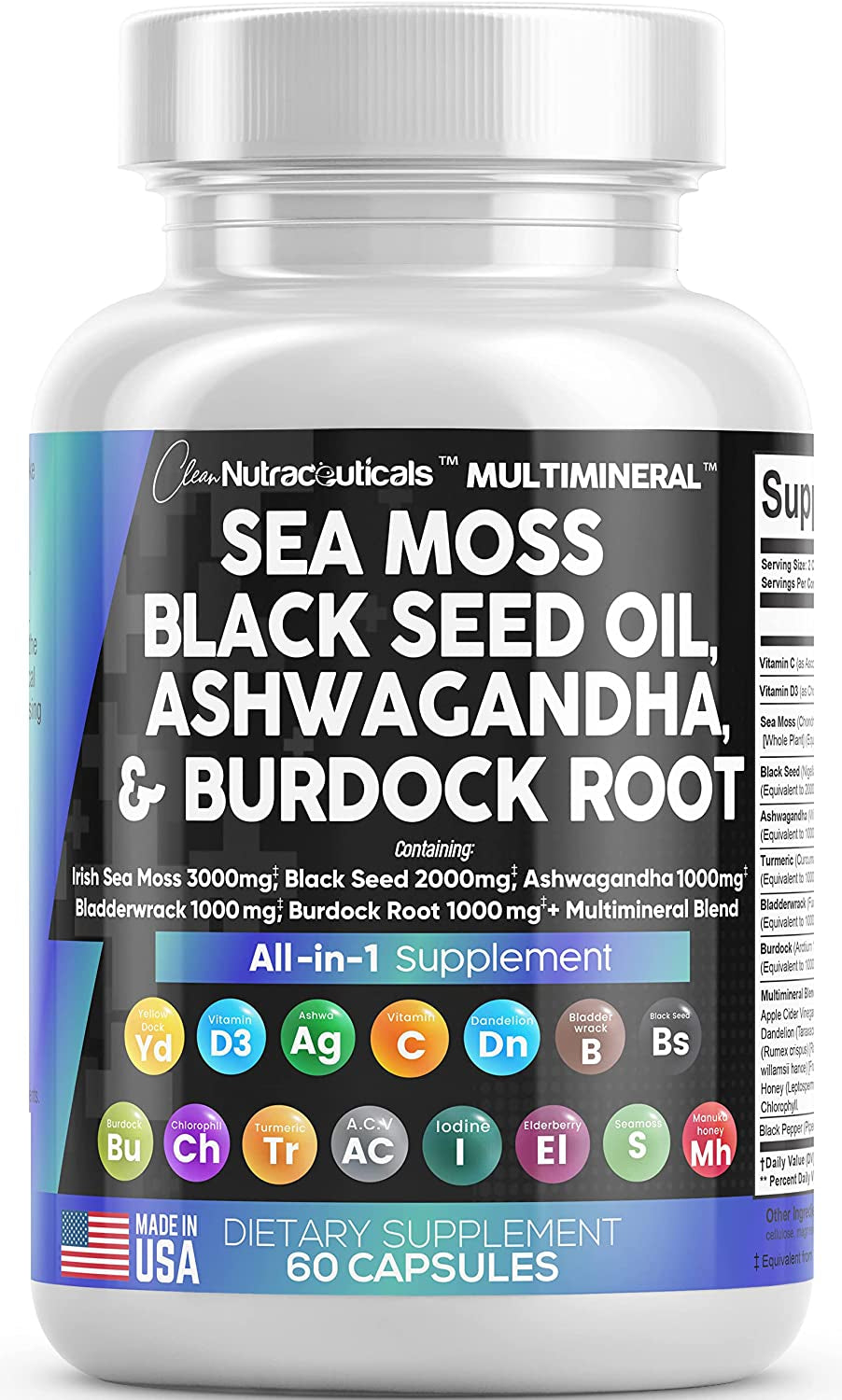 Sea Moss 3000Mg Black Seed Oil 2000Mg Ashwagandha 1000Mg Turmeric 1000Mg Bladderwrack 1000Mg Burdock 1000Mg & Vitamin C & D3 with Elderberry Manuka Dandelion Yellow Dock Iodine Chlorophyll ACV