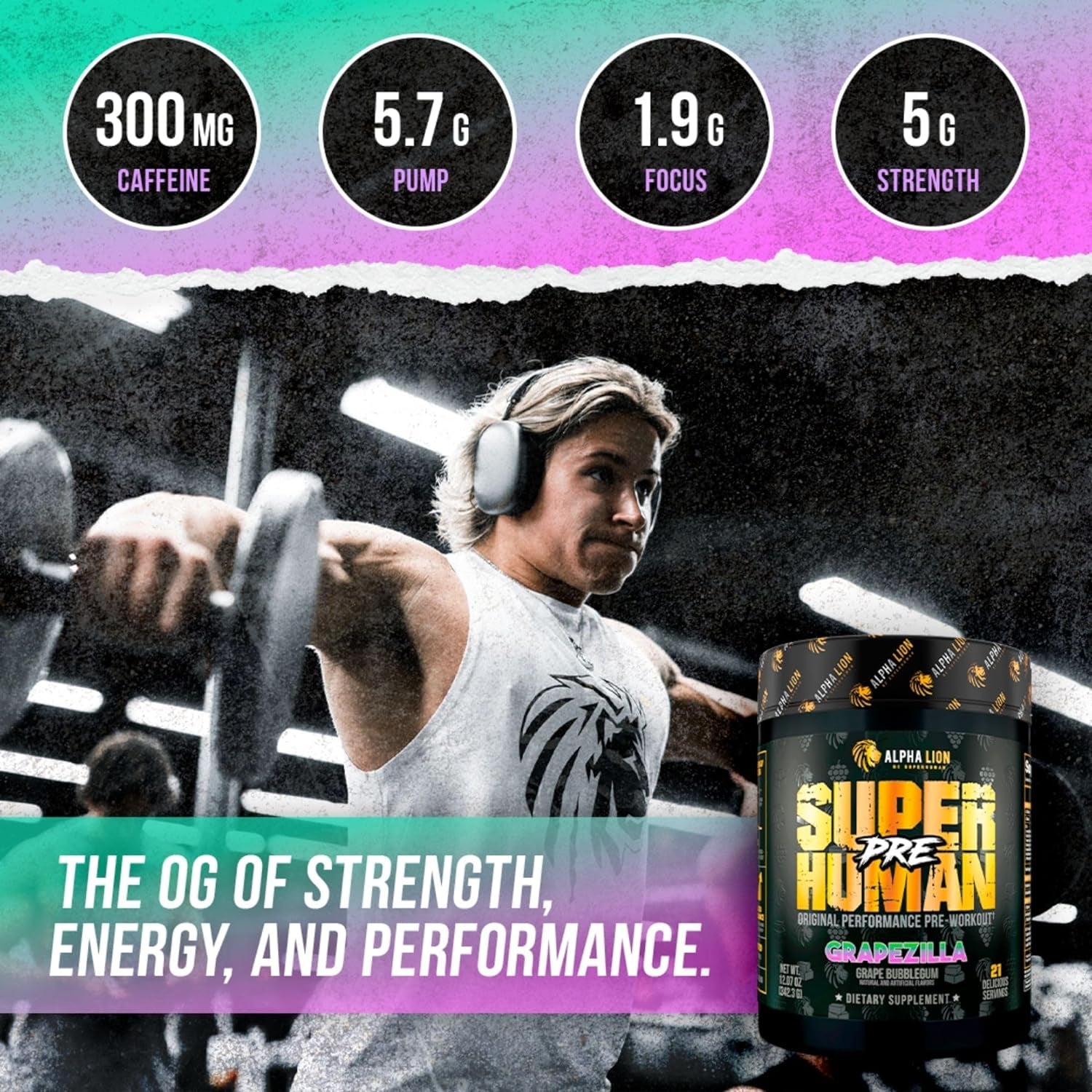 Superhuman Pre Workout Powder, Beta Alanine, L-Taurine & Tri-Source Caffeine for Sustained Energy & Focus, Nitric Oxide & Citrulline for Pump (21 Servings, Grapezilla)