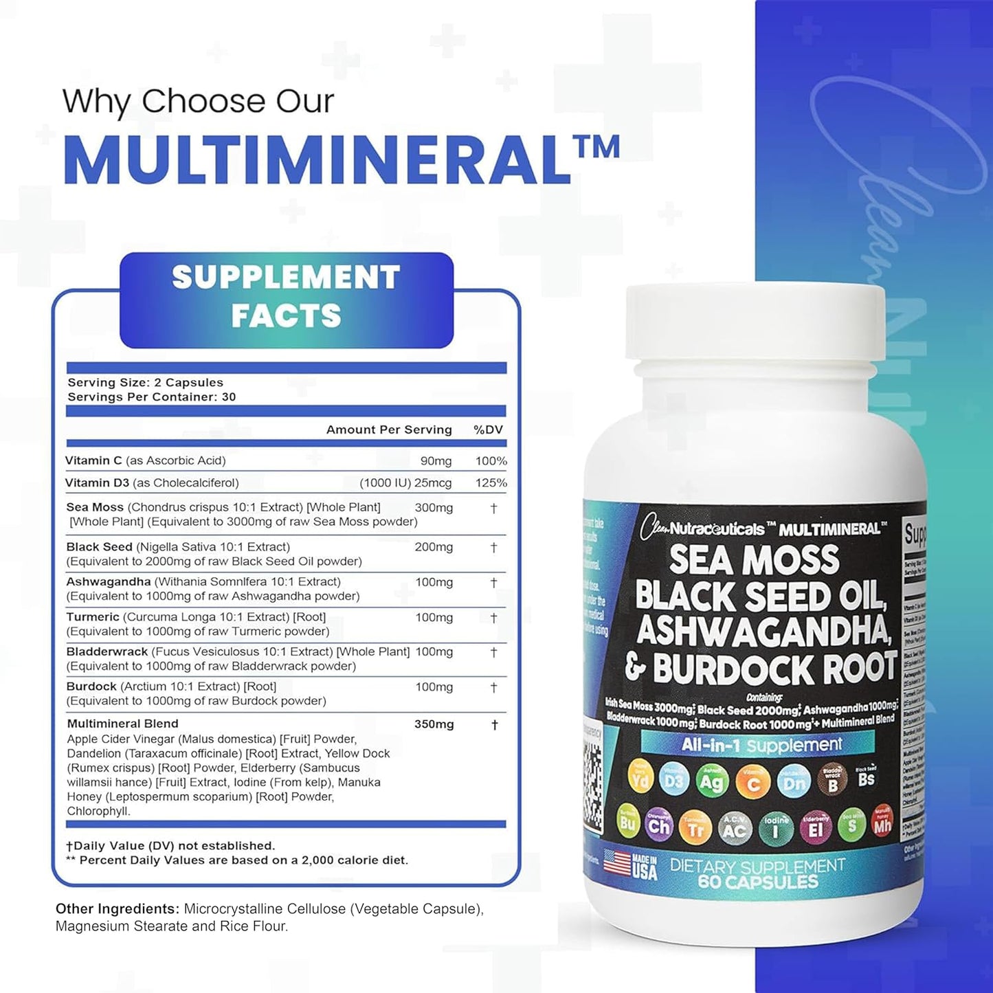 Sea Moss 3000Mg Black Seed Oil 2000Mg Ashwagandha 1000Mg Turmeric 1000Mg Bladderwrack 1000Mg Burdock 1000Mg & Vitamin C & D3 with Elderberry Manuka Dandelion Yellow Dock Iodine Chlorophyll ACV