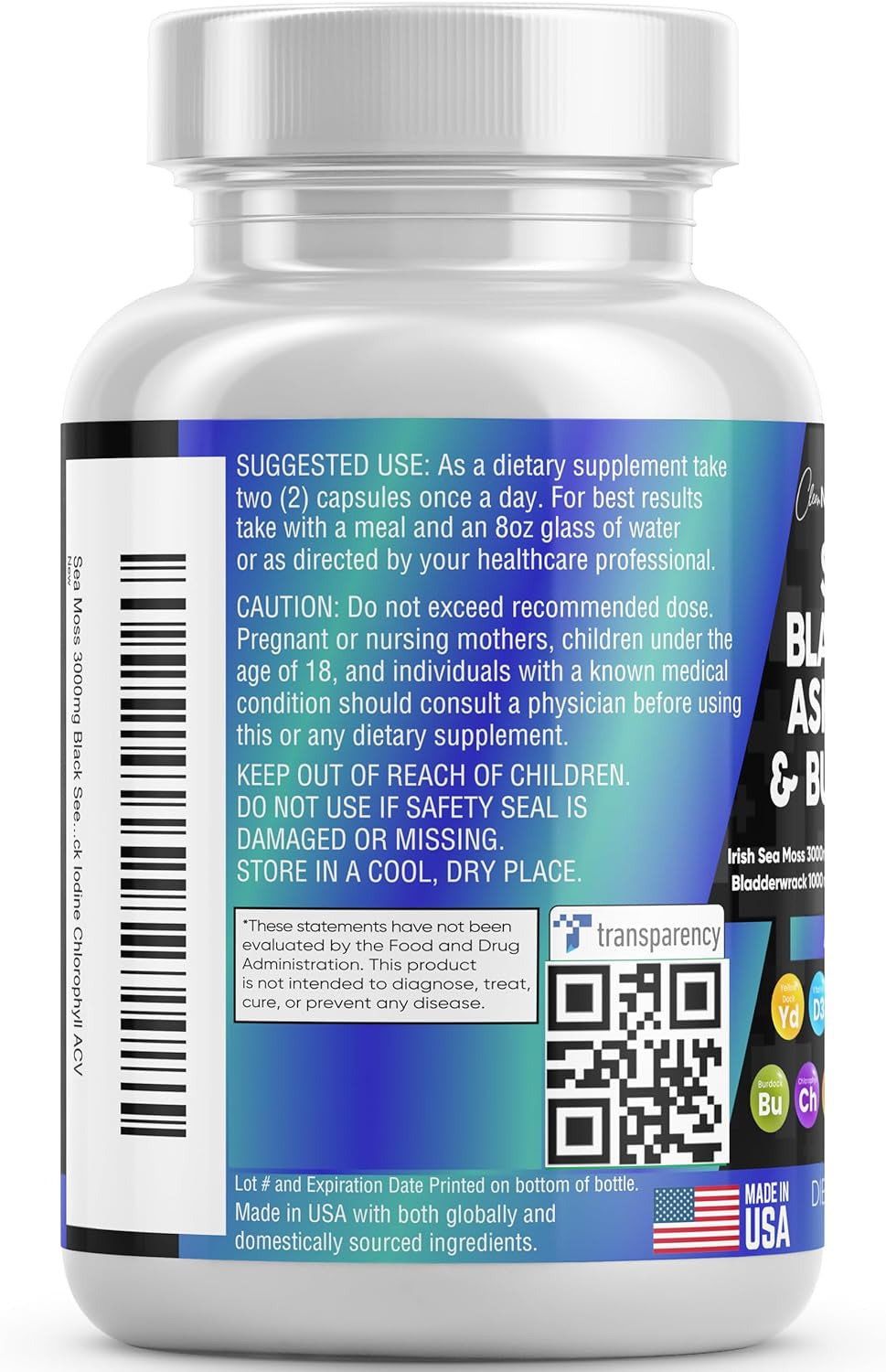 Sea Moss 3000Mg Black Seed Oil 2000Mg Ashwagandha 1000Mg Turmeric 1000Mg Bladderwrack 1000Mg Burdock 1000Mg & Vitamin C & D3 with Elderberry Manuka Dandelion Yellow Dock Iodine Chlorophyll ACV