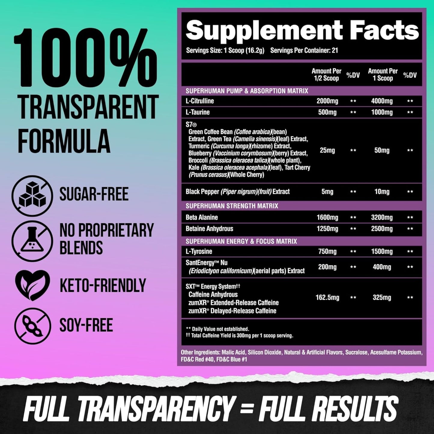 Superhuman Pre Workout Powder, Beta Alanine, L-Taurine & Tri-Source Caffeine for Sustained Energy & Focus, Nitric Oxide & Citrulline for Pump (21 Servings, Grapezilla)