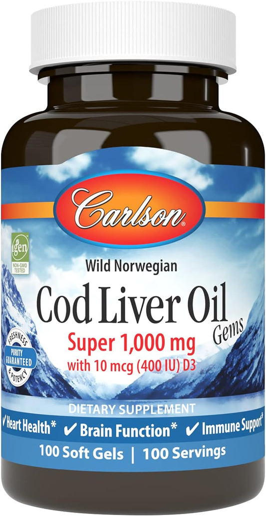 - Cod Liver Oil, Super 1000 Mg + Vitamins a & D3, Wild Norwegian, Sustainably Sourced, 100 Softgels