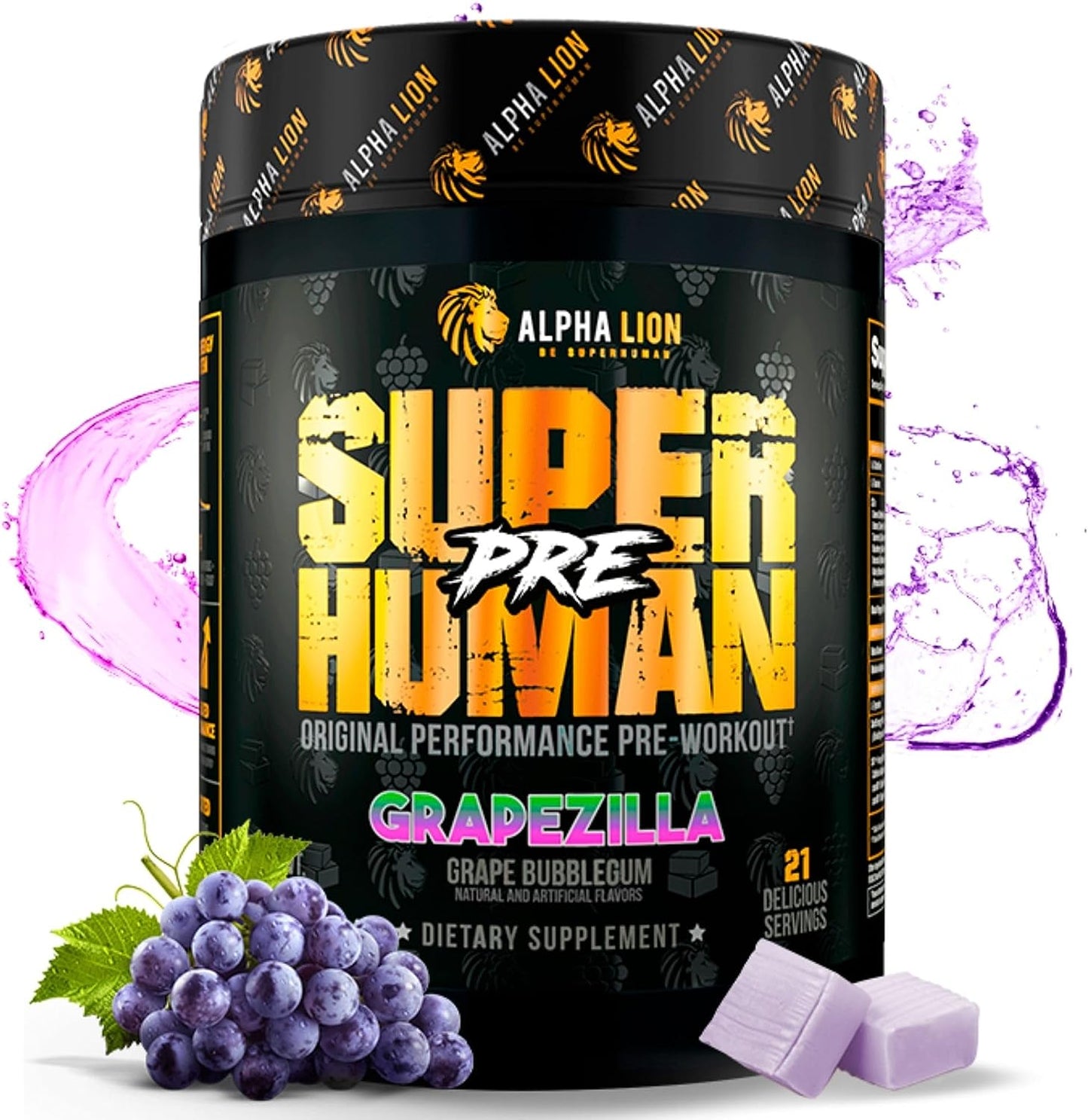 Superhuman Pre Workout Powder, Beta Alanine, L-Taurine & Tri-Source Caffeine for Sustained Energy & Focus, Nitric Oxide & Citrulline for Pump (21 Servings, Grapezilla)