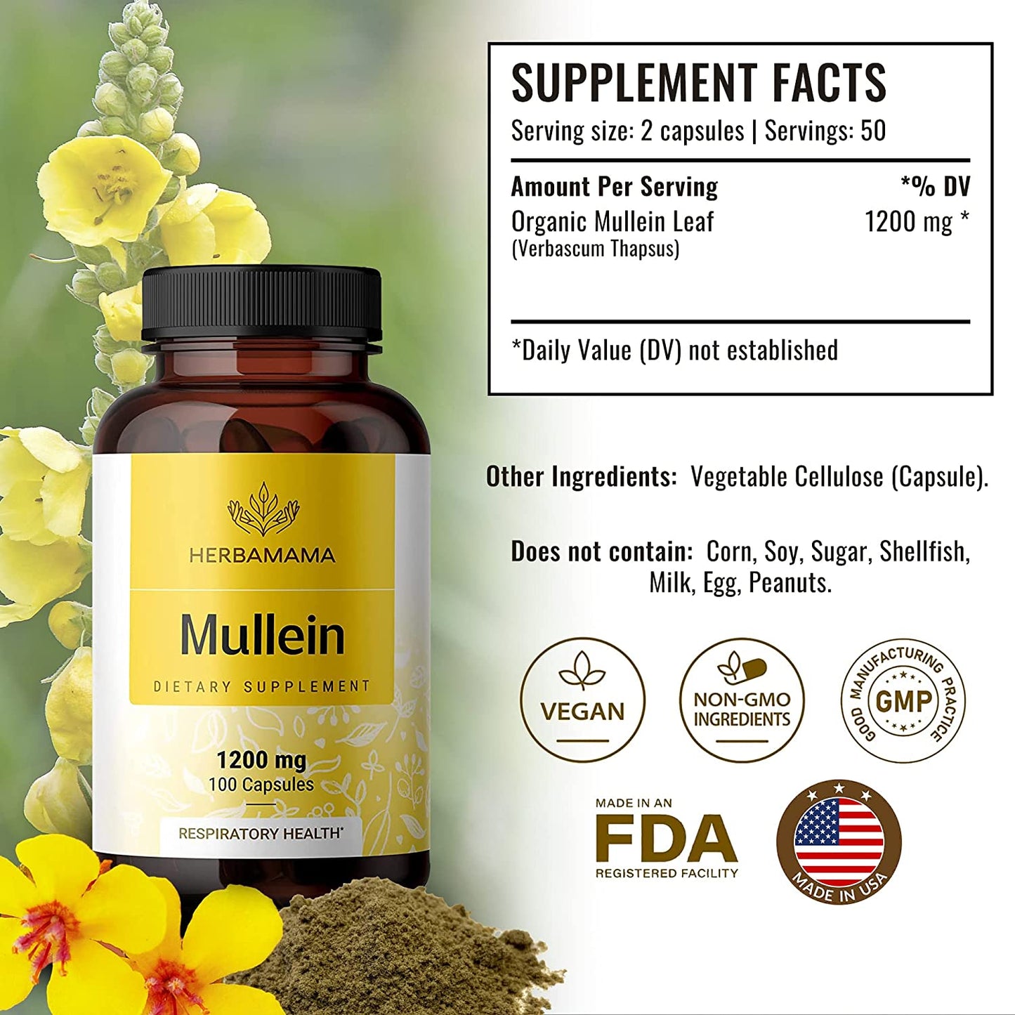 Mullein Leaf Capsules Respiratory Health - Organic Mullein Leaf Extract for Lung Detox, Cleanse - 1200Mg 100 Vegan Caps