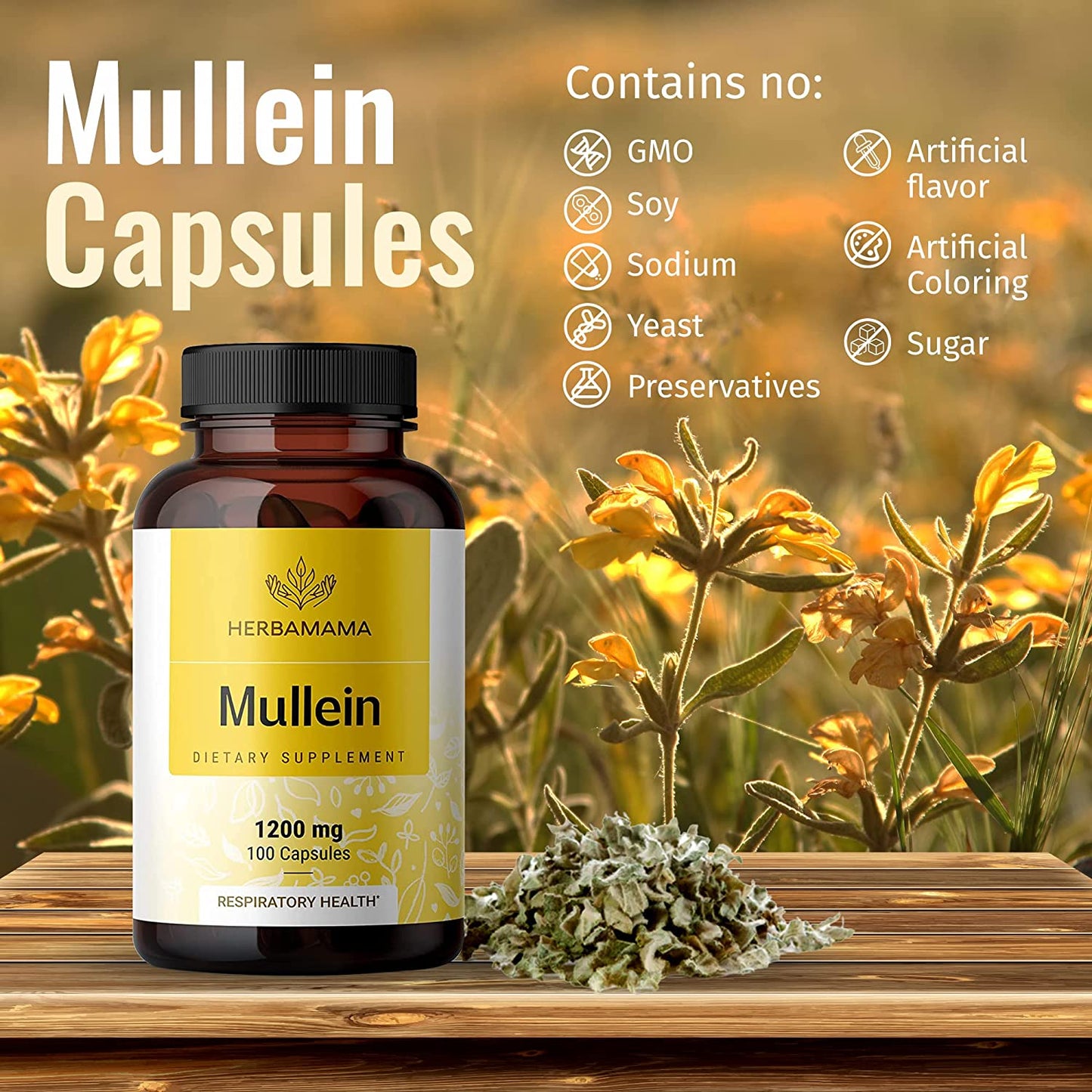 Mullein Leaf Capsules Respiratory Health - Organic Mullein Leaf Extract for Lung Detox, Cleanse - 1200Mg 100 Vegan Caps