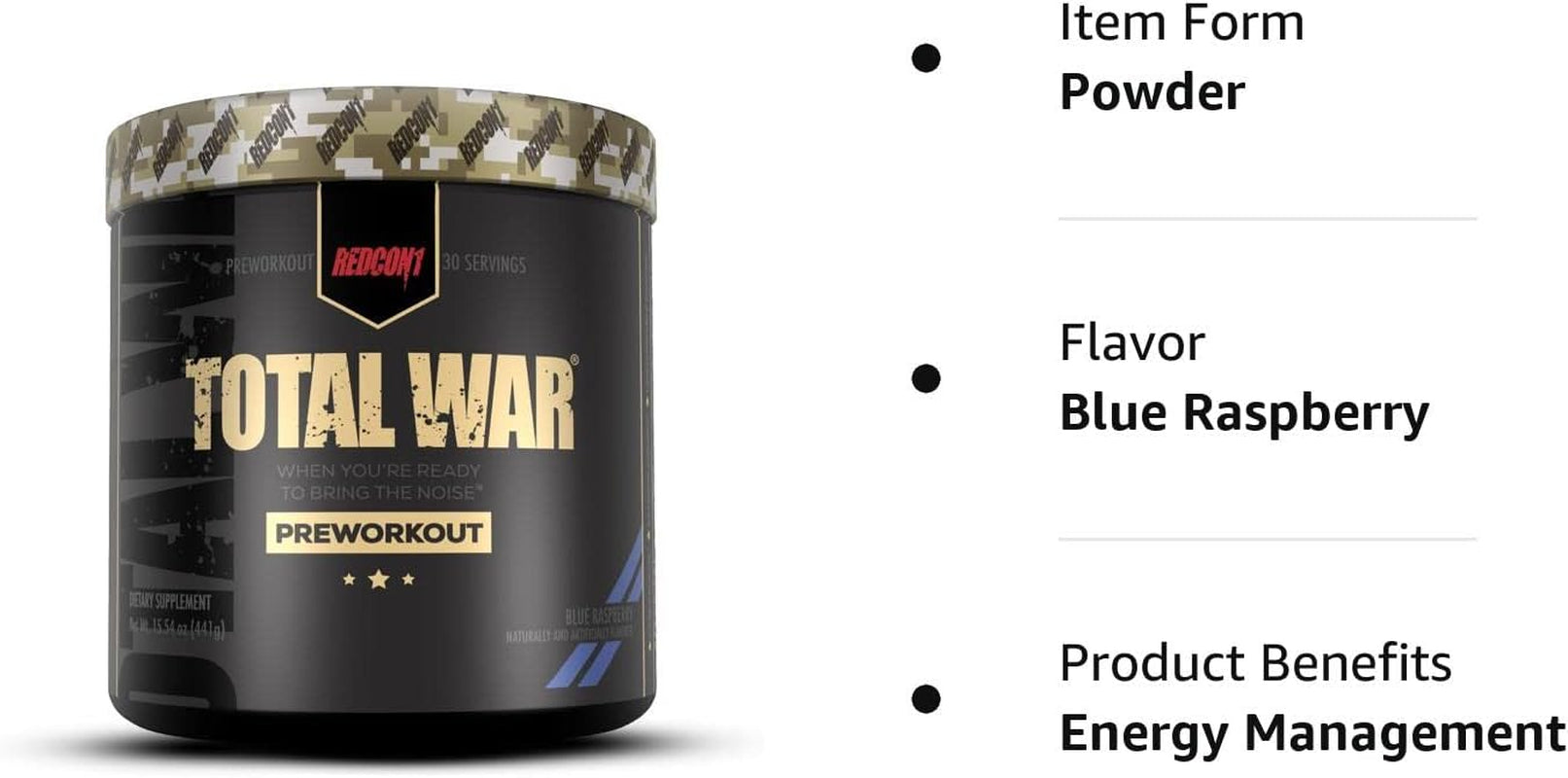 Total War Pre Workout Powder, Blue Raspberry - Beta Alanine + Citrulline Malate Keto Friendly Preworkout for Men & Women with 320Mg of Caffeine - Fast Acting (30 Servings)