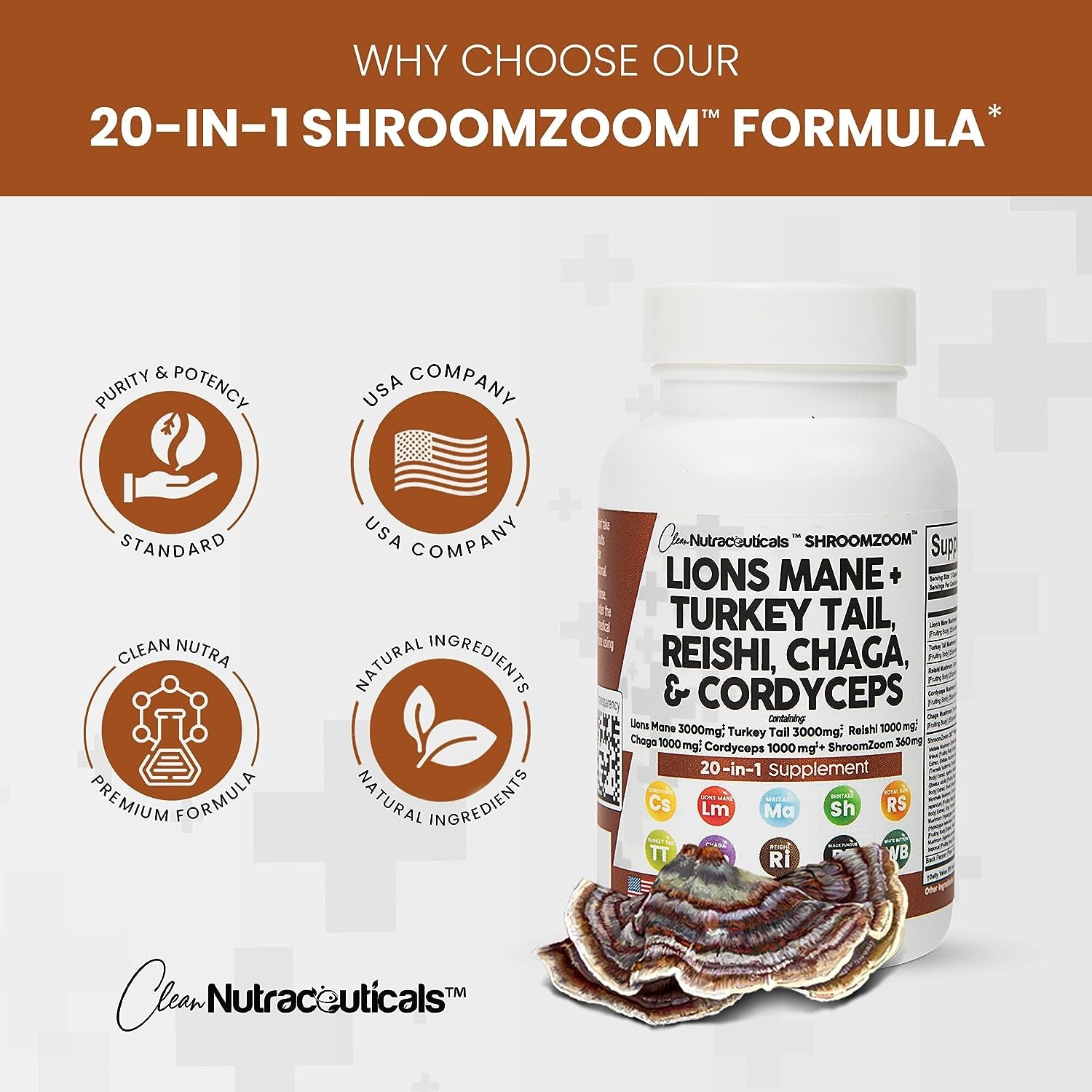 Lions Mane 3000Mg 20In1 Mushroom Supplement with Turkey Tail 2000Mg Reishi 1000Mg Cordyceps Chaga 1000Mg Maitake Meshima Poria Cocos Shiitake Oyster Porcini Enoki 60 Count Made in USA