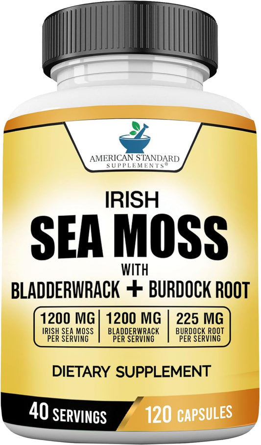 Irish Sea Moss 1200Mg, Bladderwrack 1200Mg and Burdock Root 225Mg per Serving - Vegan, Gluten Free, Non-Gmo, 120 Capsules, 40 Servings