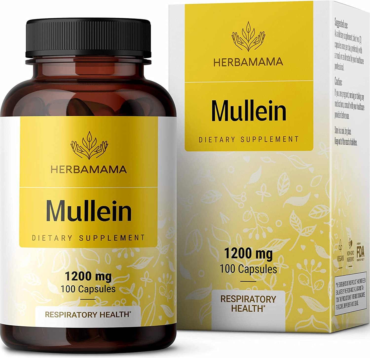 Mullein Leaf Capsules Respiratory Health - Organic Mullein Leaf Extract for Lung Detox, Cleanse - 1200Mg 100 Vegan Caps