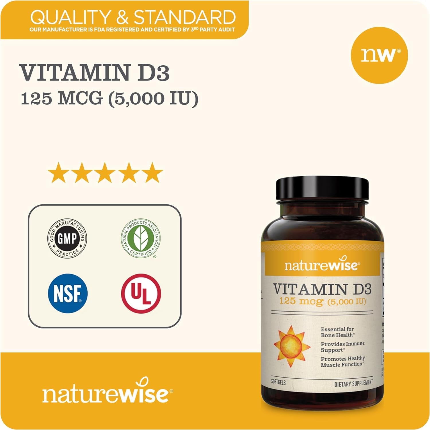 Vitamin D3 5000Iu (125 Mcg) 1 Year Supply for Healthy Muscle Function, and Immune Support, Non-Gmo, Gluten Free in Cold-Pressed Olive Oil, Packaging Vary ( Mini Softgel), 360 Count